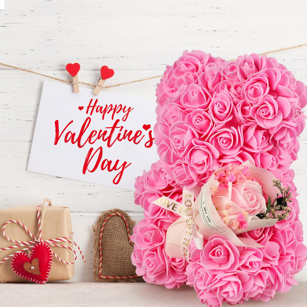 POHOMEGK Handcrafted Pink Rose Teddy Bear with I Love You Necklace