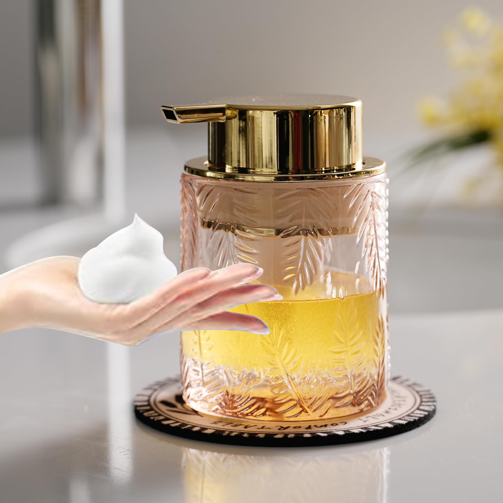 Jolof Store Glass Foaming Soap Dispenser – Pink Leaf Pattern with Gold Pump