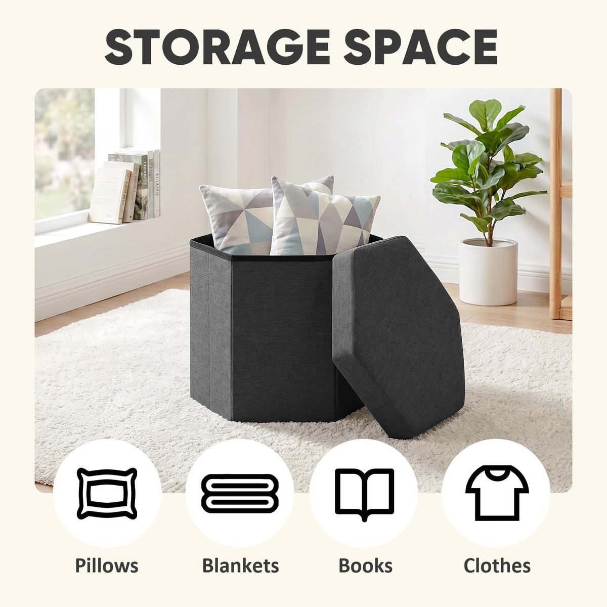 PINPLUS Folding Storage Ottoman, Linen Hexagonal Footrest, Dark Grey - image 4