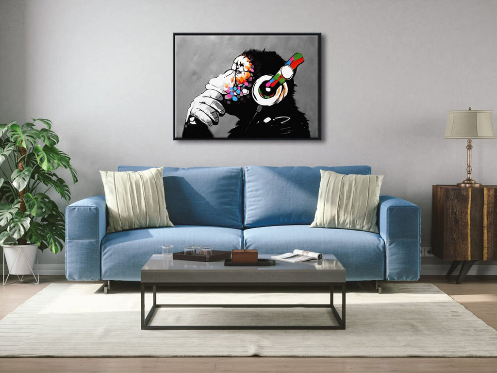 Banksy Monkey with Headphones Framed Canvas Wall Art – 29x21