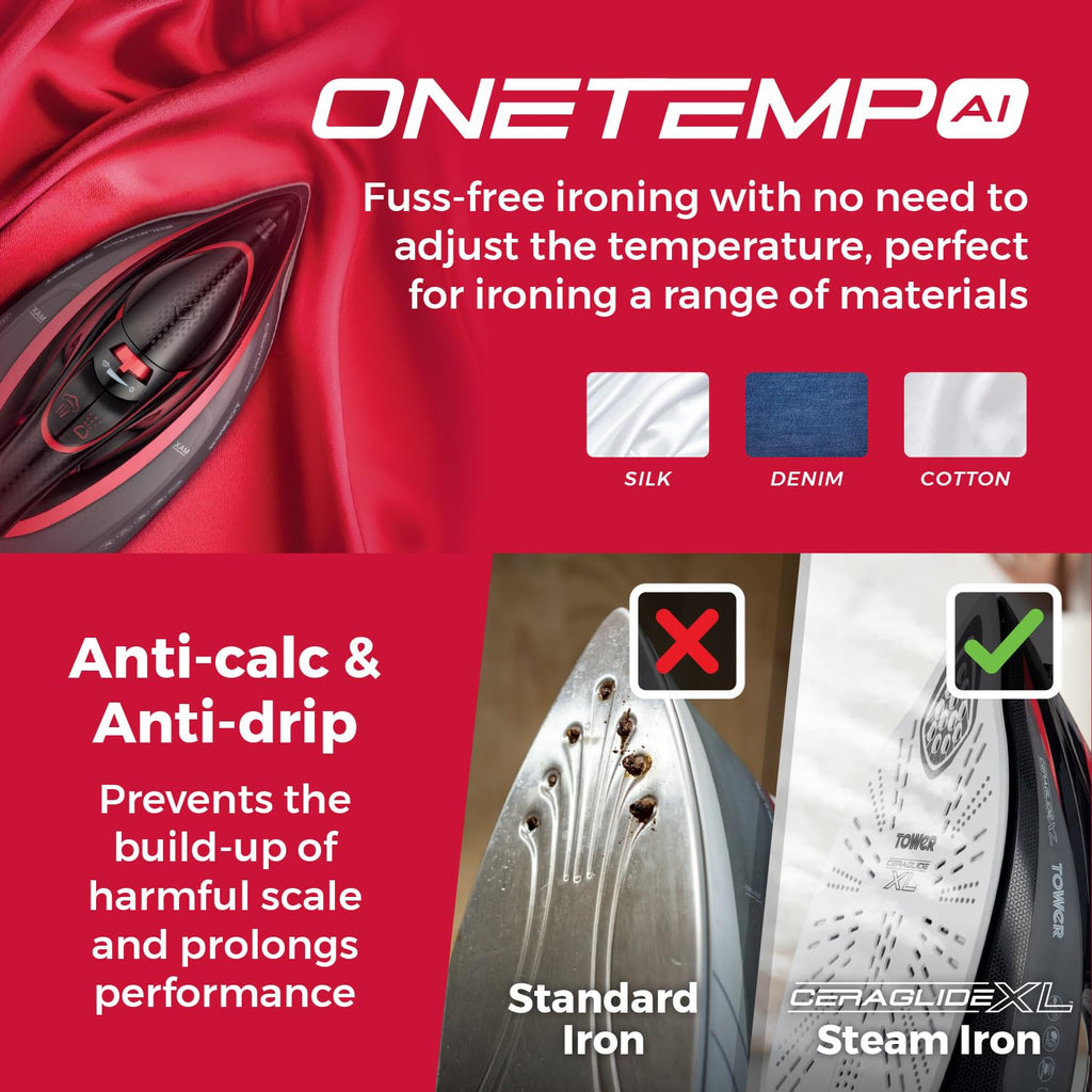 Tower T22034RED Steam Iron | 3100W Ceraglide XL Ceramic Soleplate - Red