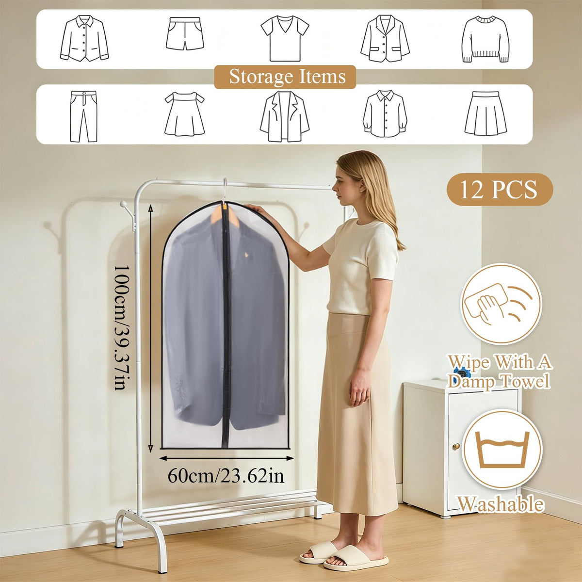 YiZhou 12 Pack Translucent PEVA Garment Bags, 60×100cm Suit Storage Covers - image 2