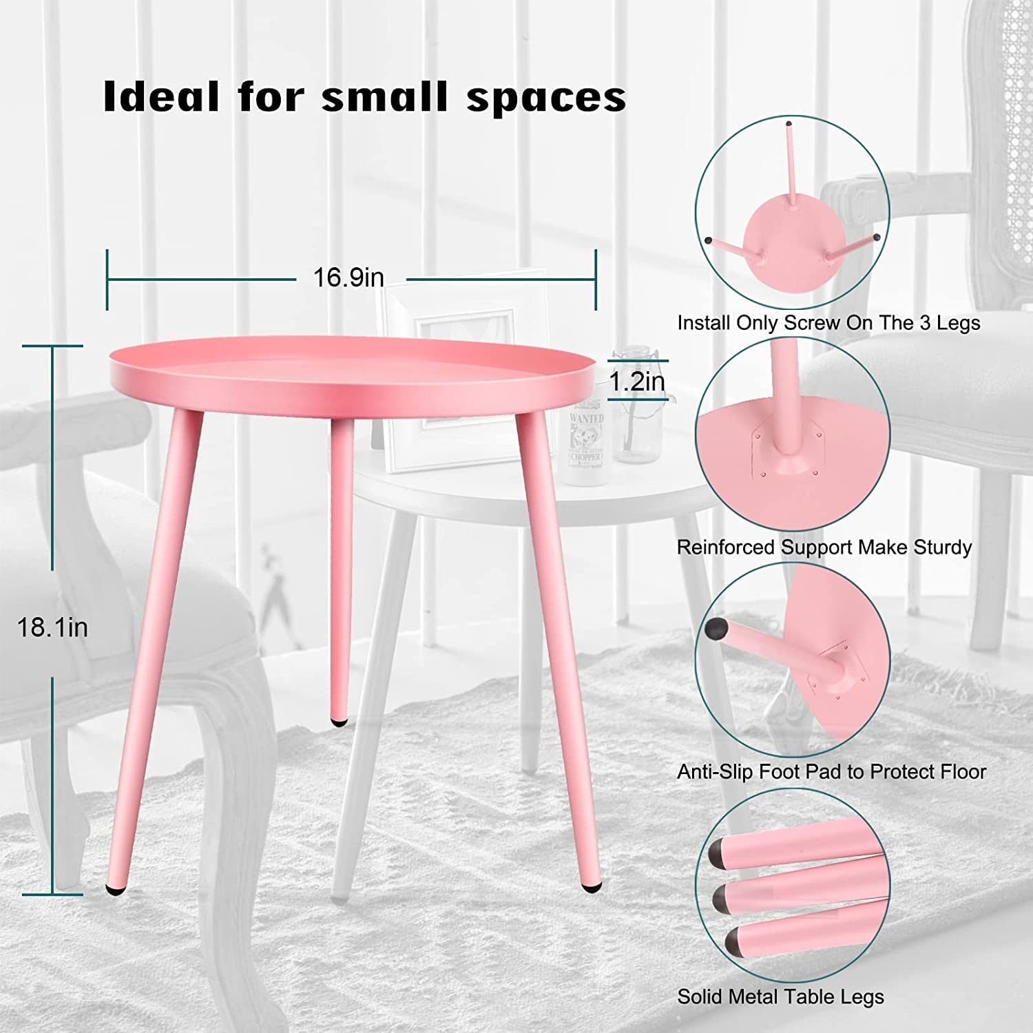 AOJEZOR Round Metal Side Table | Small Outdoor End Table & Nightstand - Pink