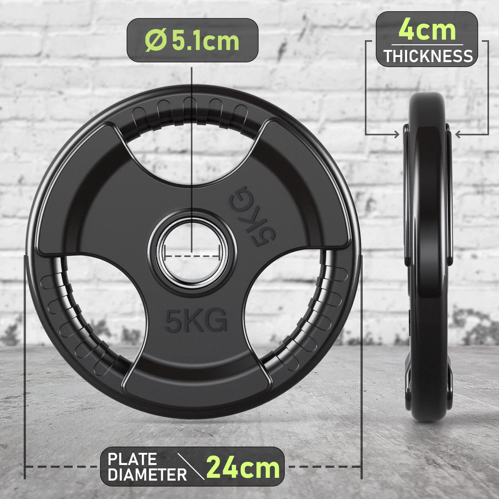 PhysKcal Olympic Weight Plates - 2 x 5kg Rubber Coated Tri-Grip Discs