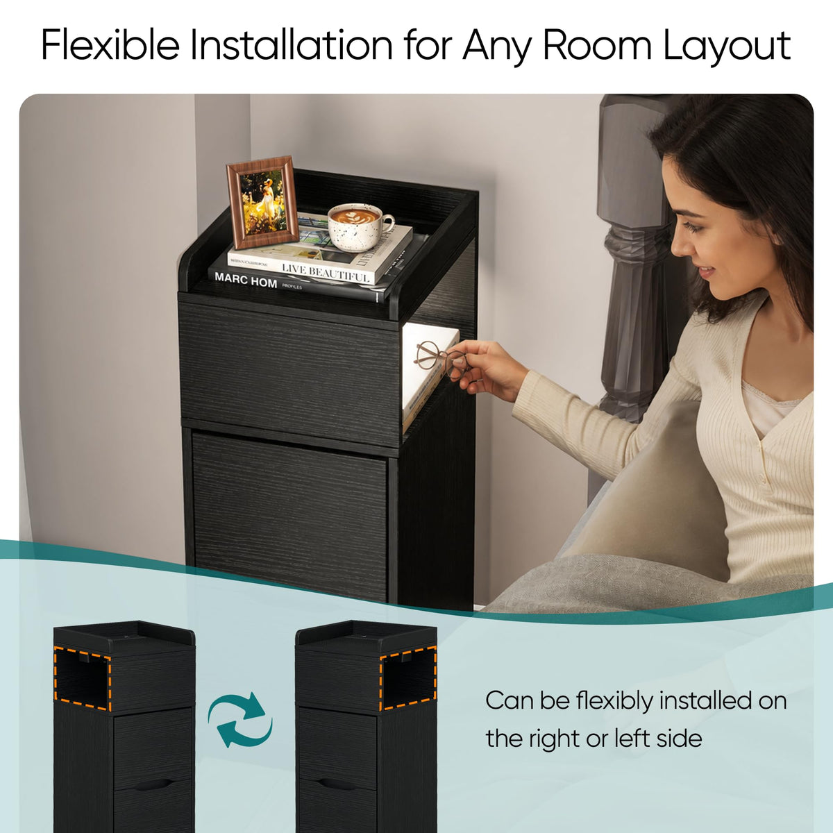 Quikraen 27cm Slim Bedside Tables Set of 2 with Charging Station and LED