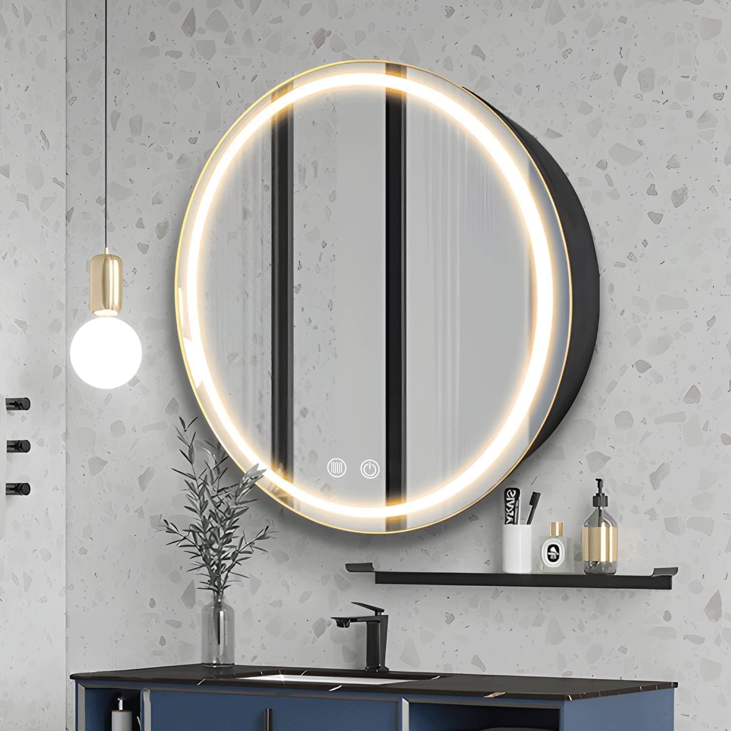Janboe 71cm Round LED Medicine Cabinet | Dimmable Anti-Fog Mirror – Black