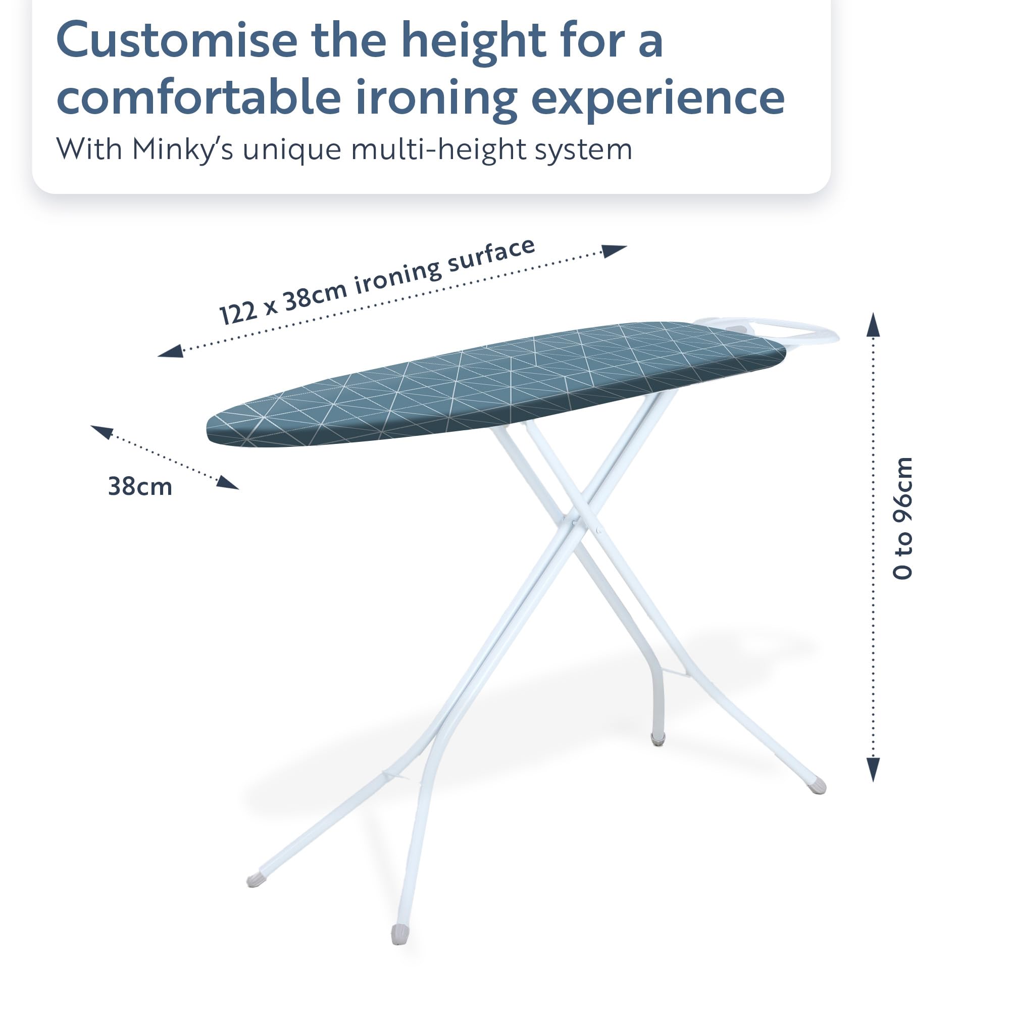 Minky Expert Ironing Board – 122 x 38cm Blue Patterned Laundry Board