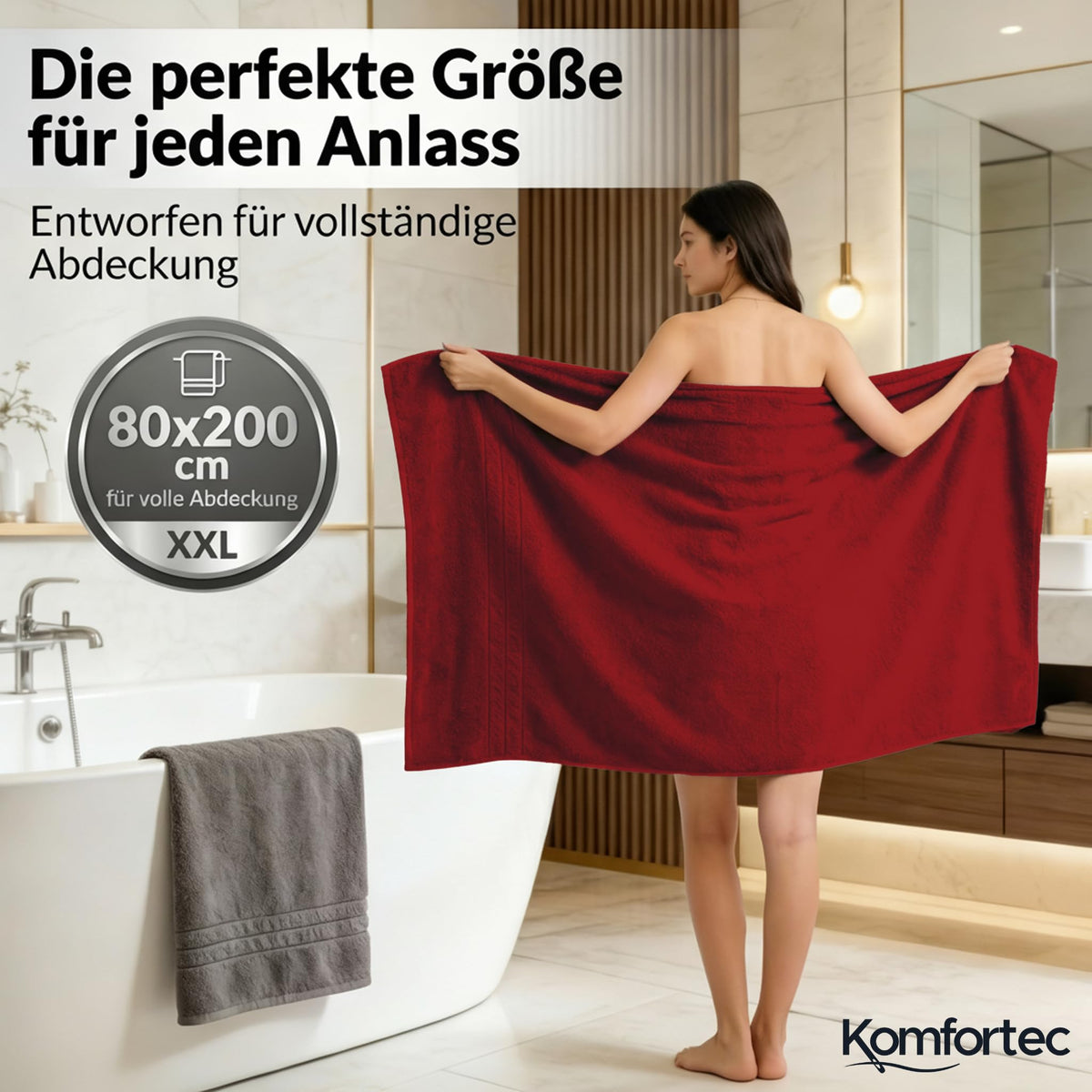 Komfortec Jumbo Bath Towels, 100% Cotton, Quick Dry, 80x200, Grey & Red - image 2