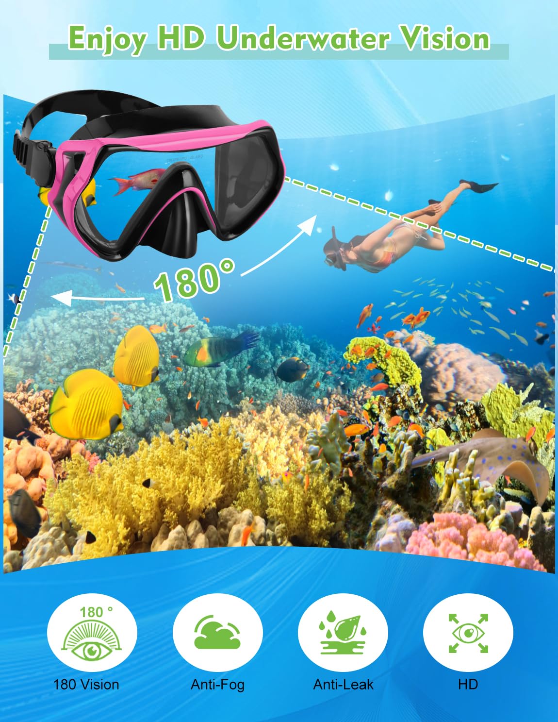 Hydomi Snorkel Set - 180° Panoramic Anti-Fog Mask with Dry Top Valve