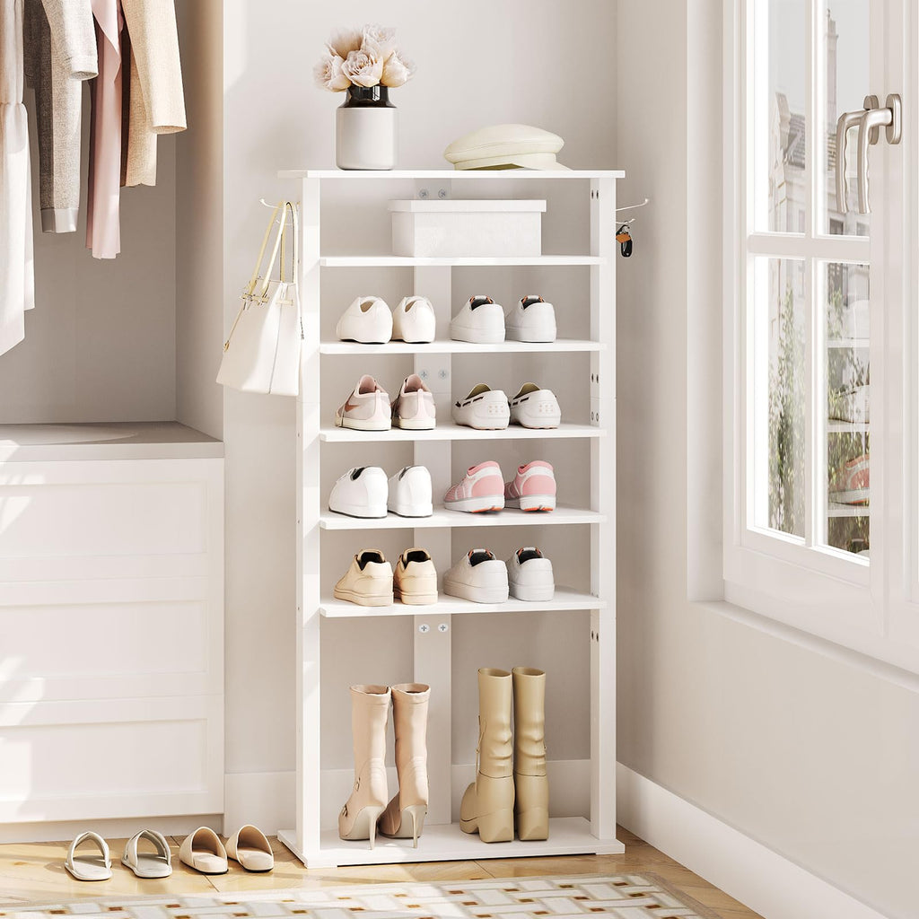 HOOBRO 8-Tier Narrow Shoe Rack – White Wooden Vertical Storage Tower