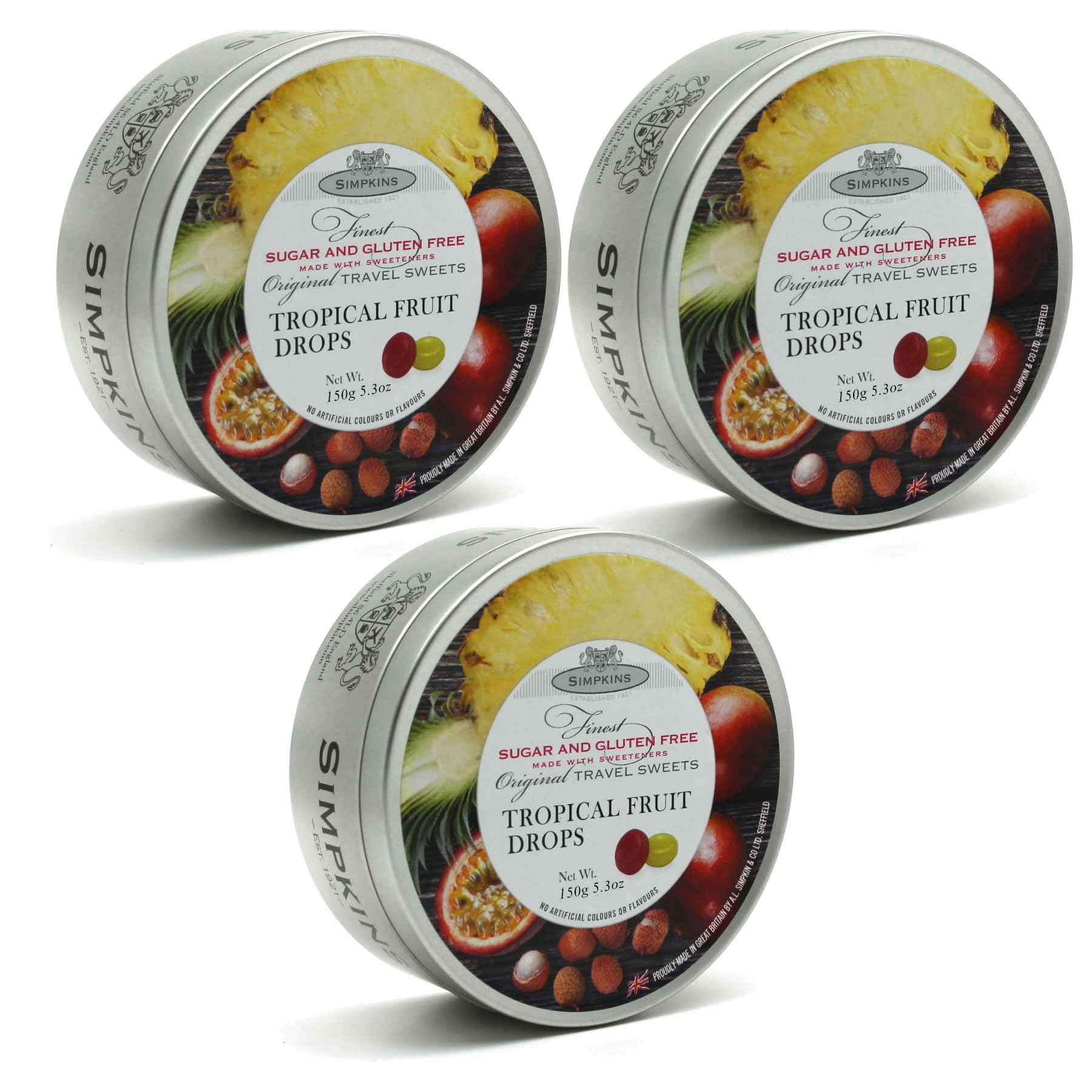 Simpkins Sugar Free Tropical Fruit Travel Sweets - 150g Tin (Pack of 3)