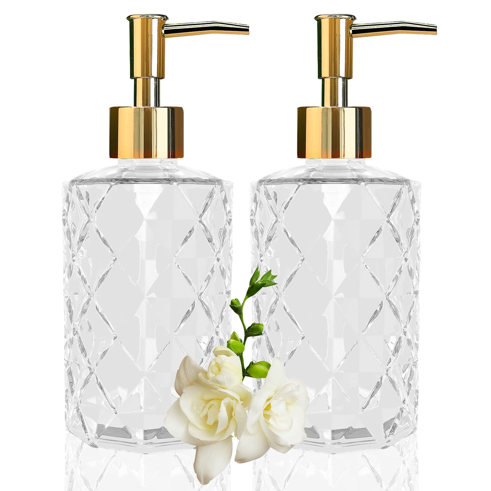 Yiter Glass Soap Dispenser Set of 2 | 12oz Clear Bottle with Gold Pump