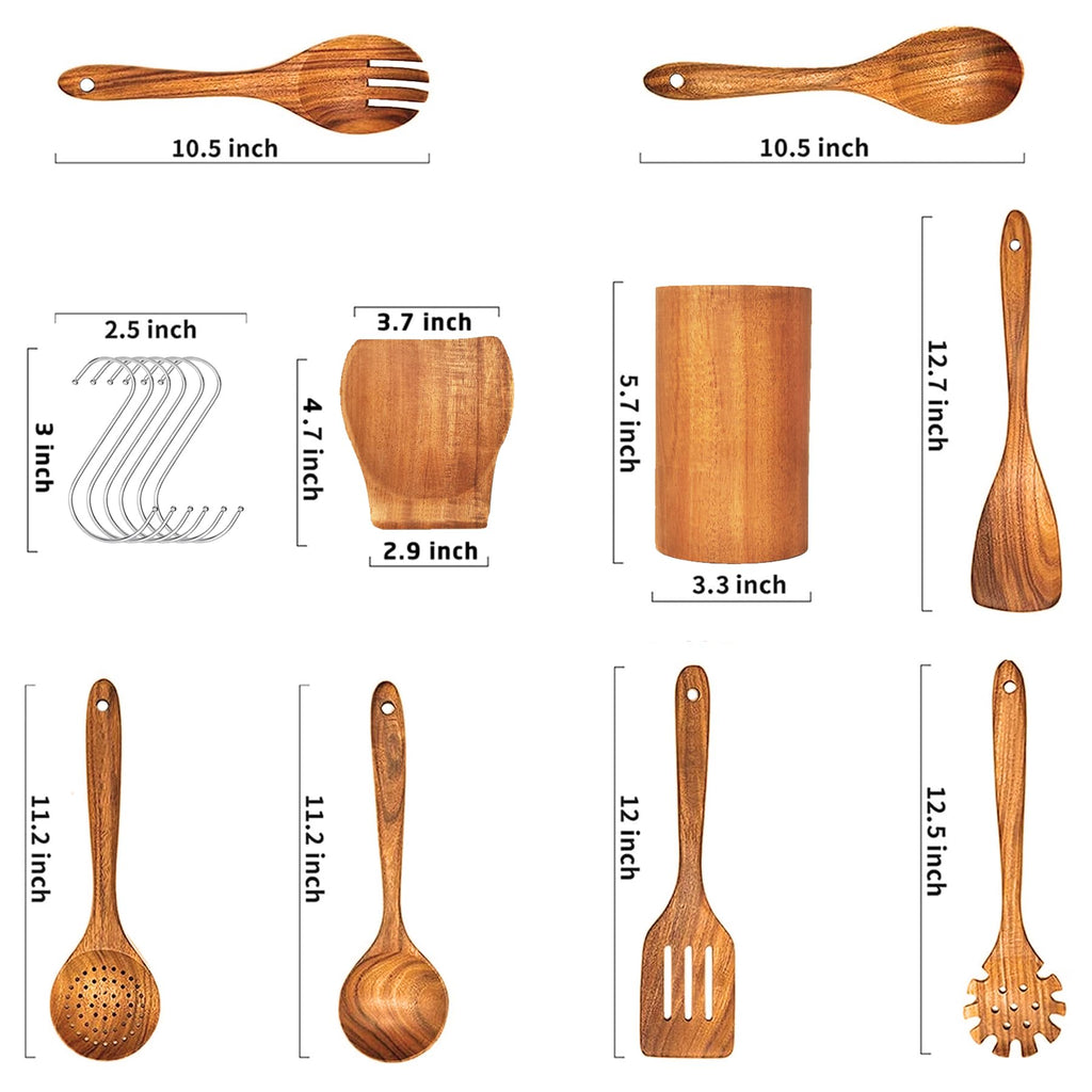 Teak Wooden Cooking Utensils Set – 9Pcs Nonstick Spoons