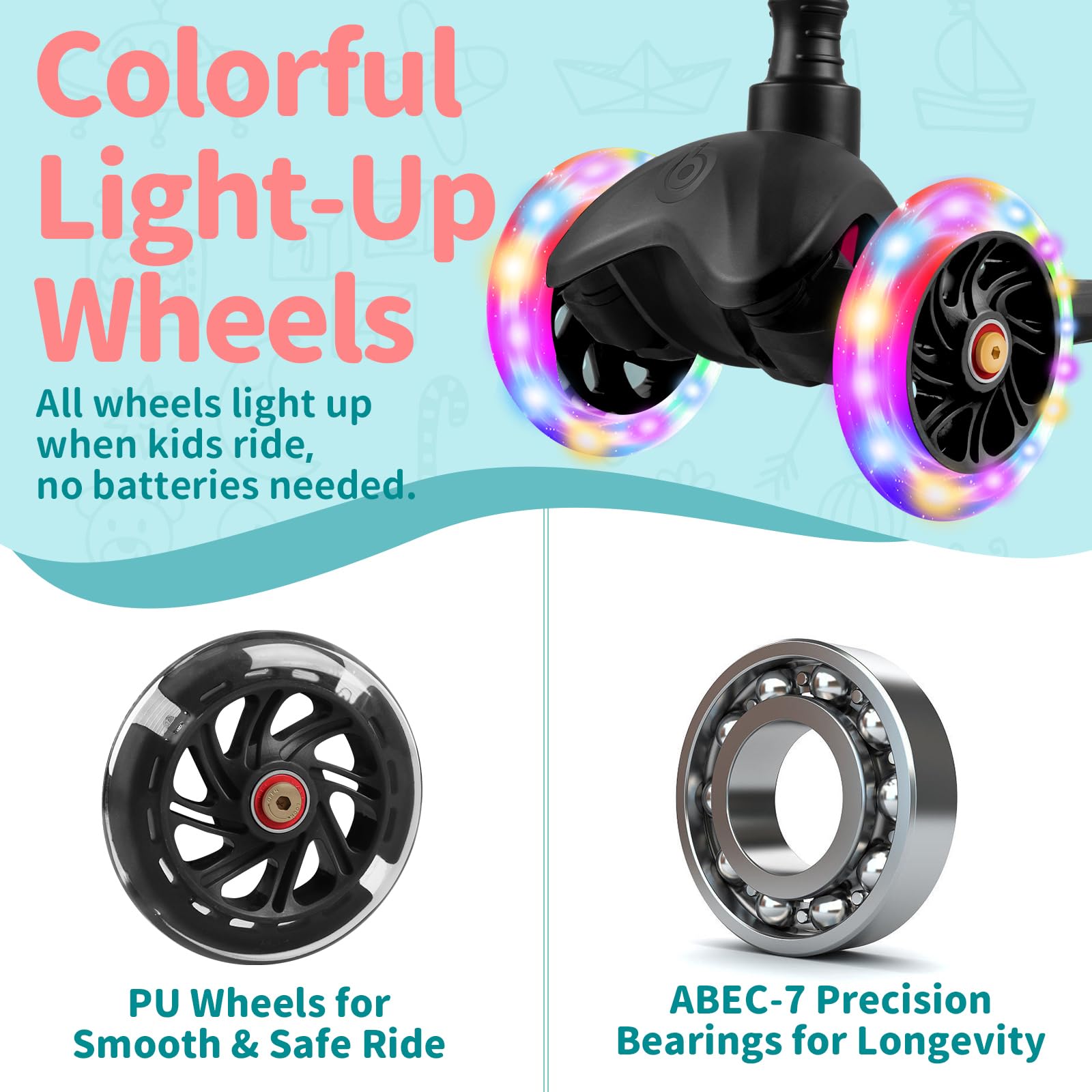 BELEEV 3 Wheel Scooter for Kids Ages 2-6 | Light-Up Wheels & Adjustable Height