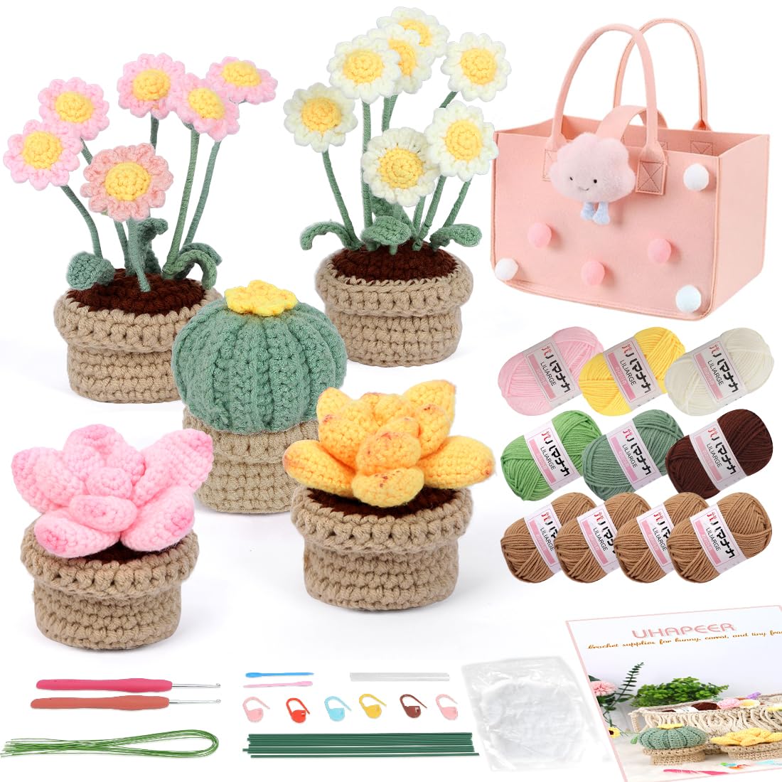UHAPEER Beginner Crochet Kit - 5 Pcs Potted Plants with Video Tutorials