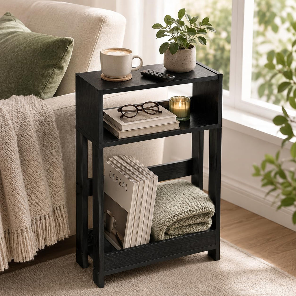ZEXVIDA Narrow Side Table with Storage Shelf, 3-Tier Slim End Table & Nightstand for Bedroom, Living Room, Sofa Side Table for Small Spaces Black