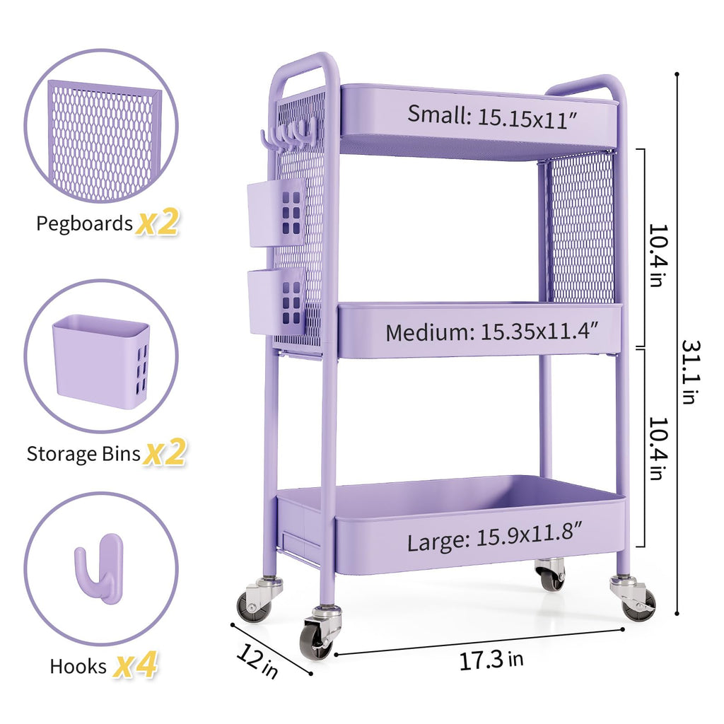 Urackify 3 Tier Storage Trolley on Wheels, purple - image 2