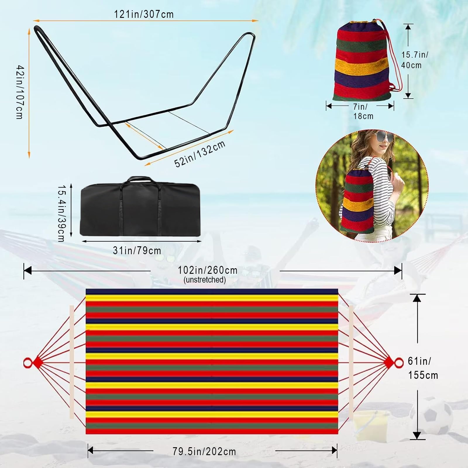 Double Cotton Hammock with Adjustable Steel Stand – Red