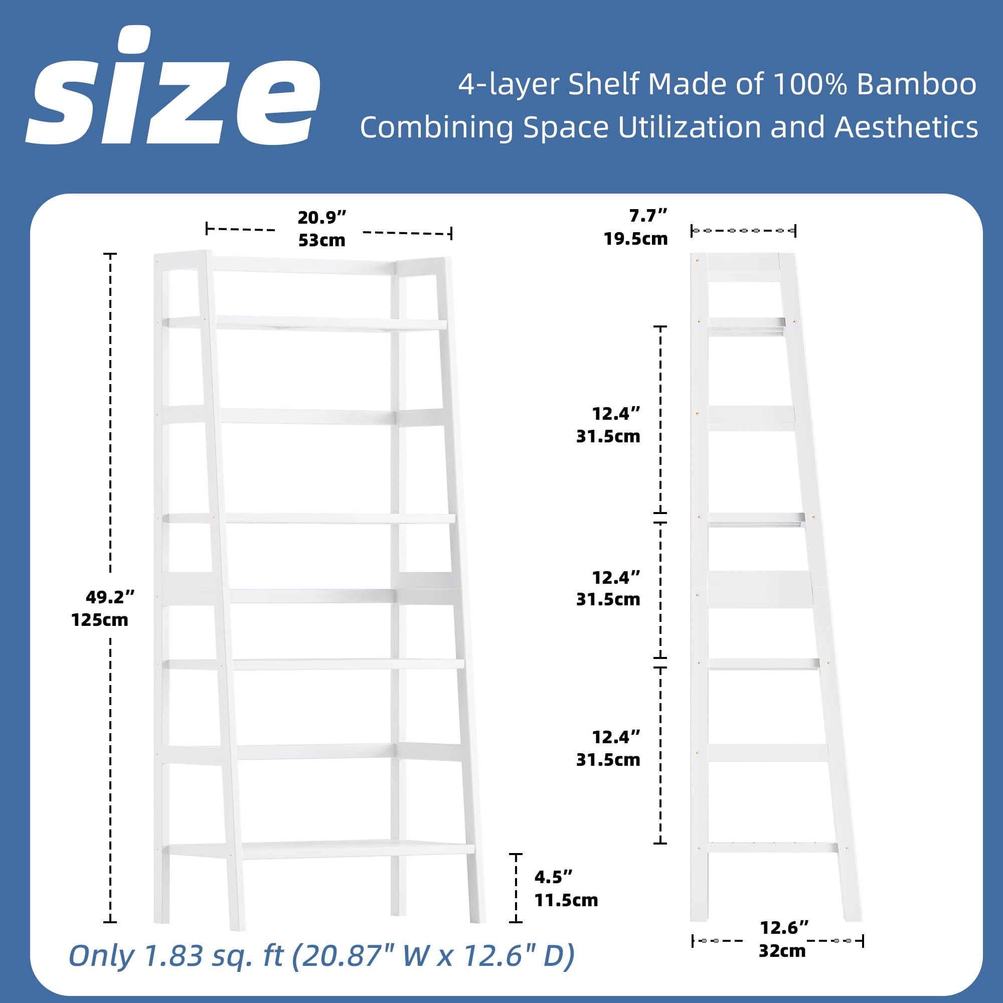 HITNET 4-Tier Bamboo Ladder Bookshelf – White Leaning Storage Display Rack