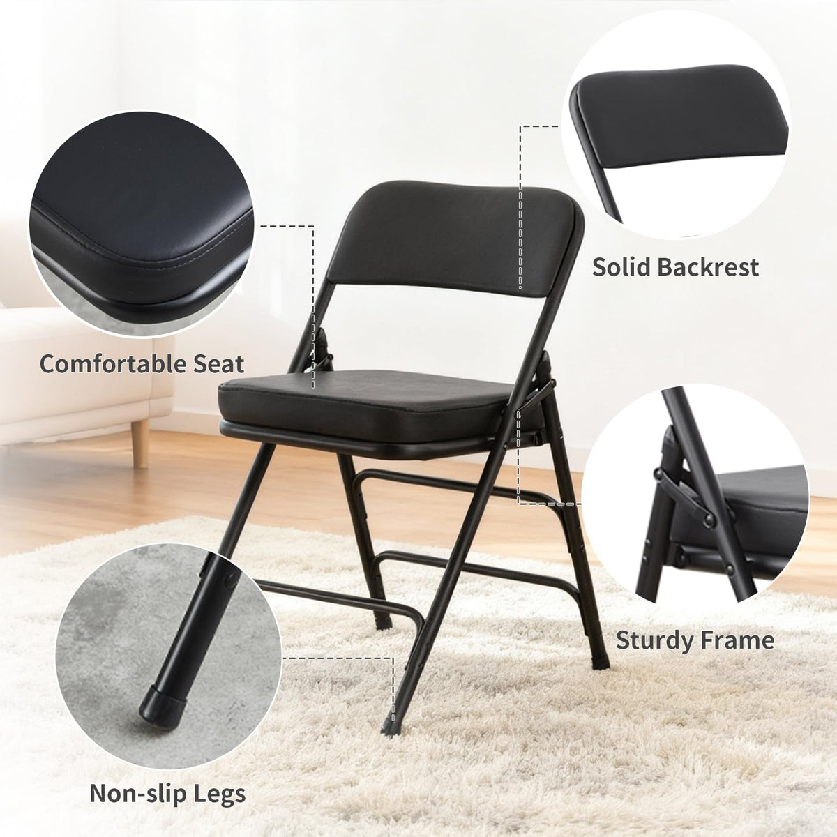 CHAIRABLE Padded Folding Chairs with Thick Cushion, 2 Pack Black - image 3