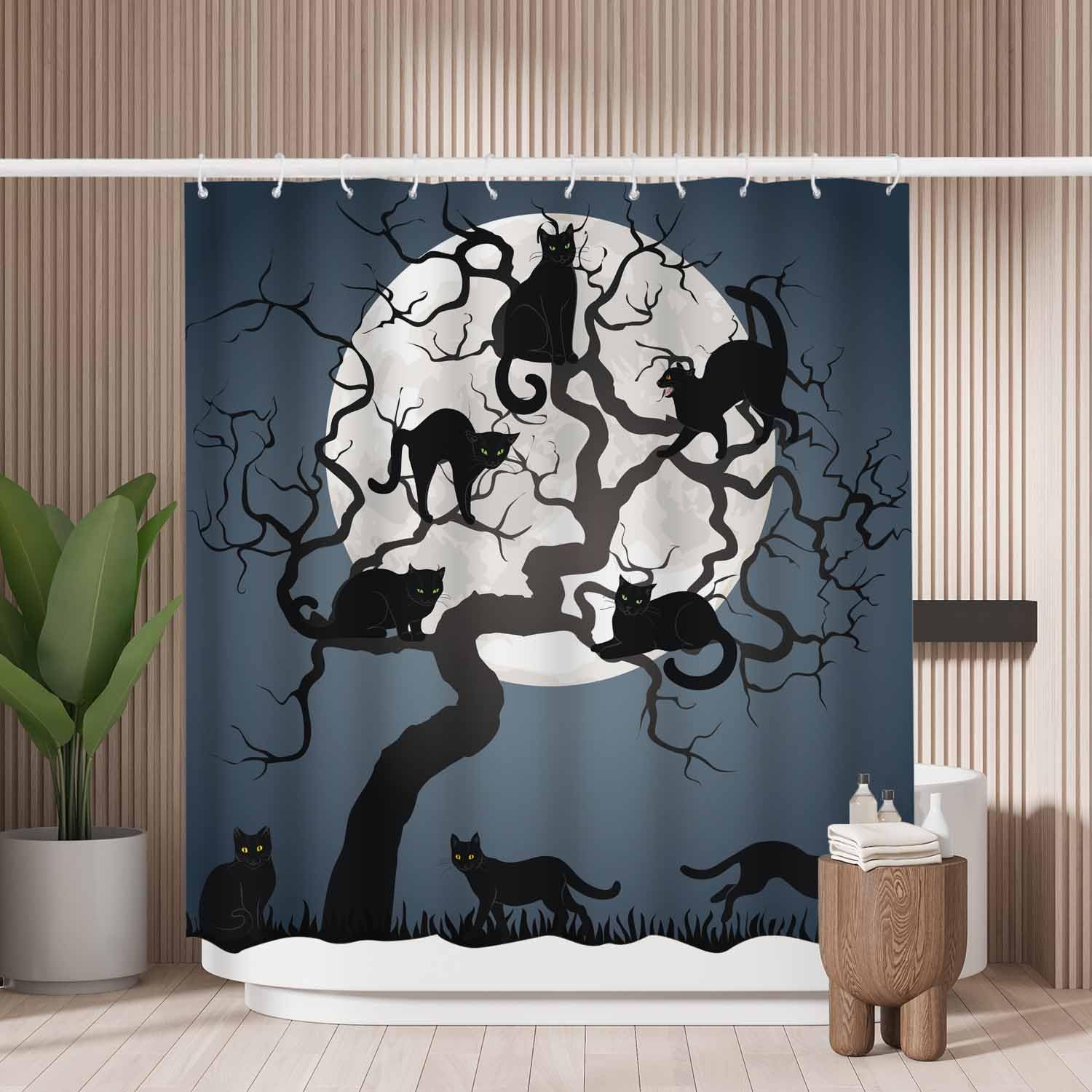 Jolof Store Black Cats Shower Curtain | Mold Resistant Polyester Fabric