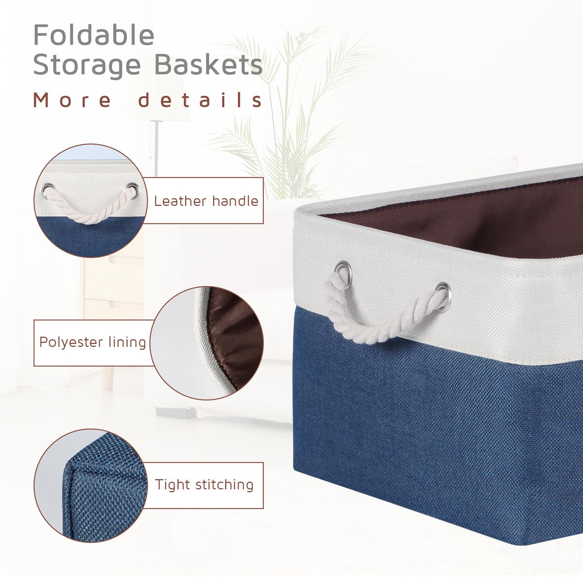 Syeeiex Storage Basket for Shelves 4 Pack, Storage Boxes with Handles, Large Fabric Storage Bins for Organizing Home and Office, White & Blue - image 5