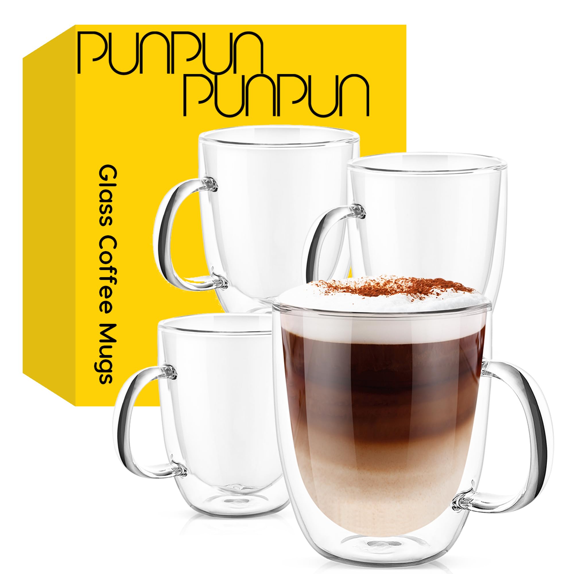 PunPun Double Wall Glass Coffee Mugs – Set of 4 Insulated Clear Cups