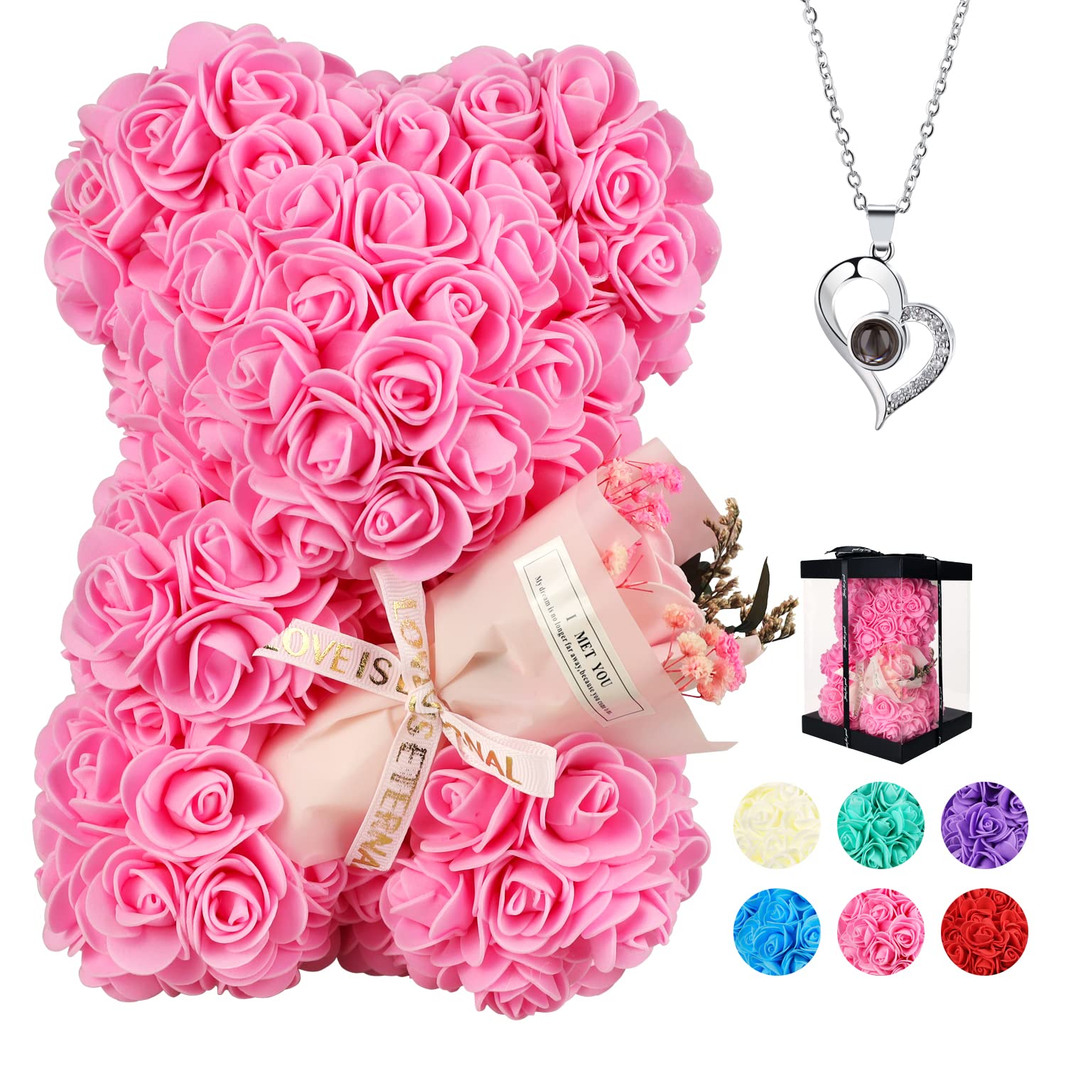 POHOMEGK Handcrafted Pink Rose Teddy Bear with I Love You Necklace