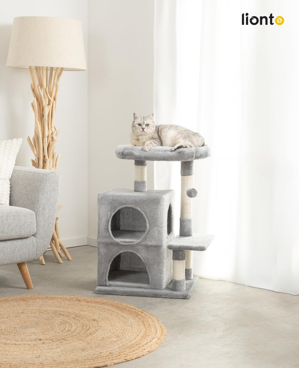 lionto Cat Scratching Tree - 80cm Cat Tower with 2 Caves & Sisal Rope