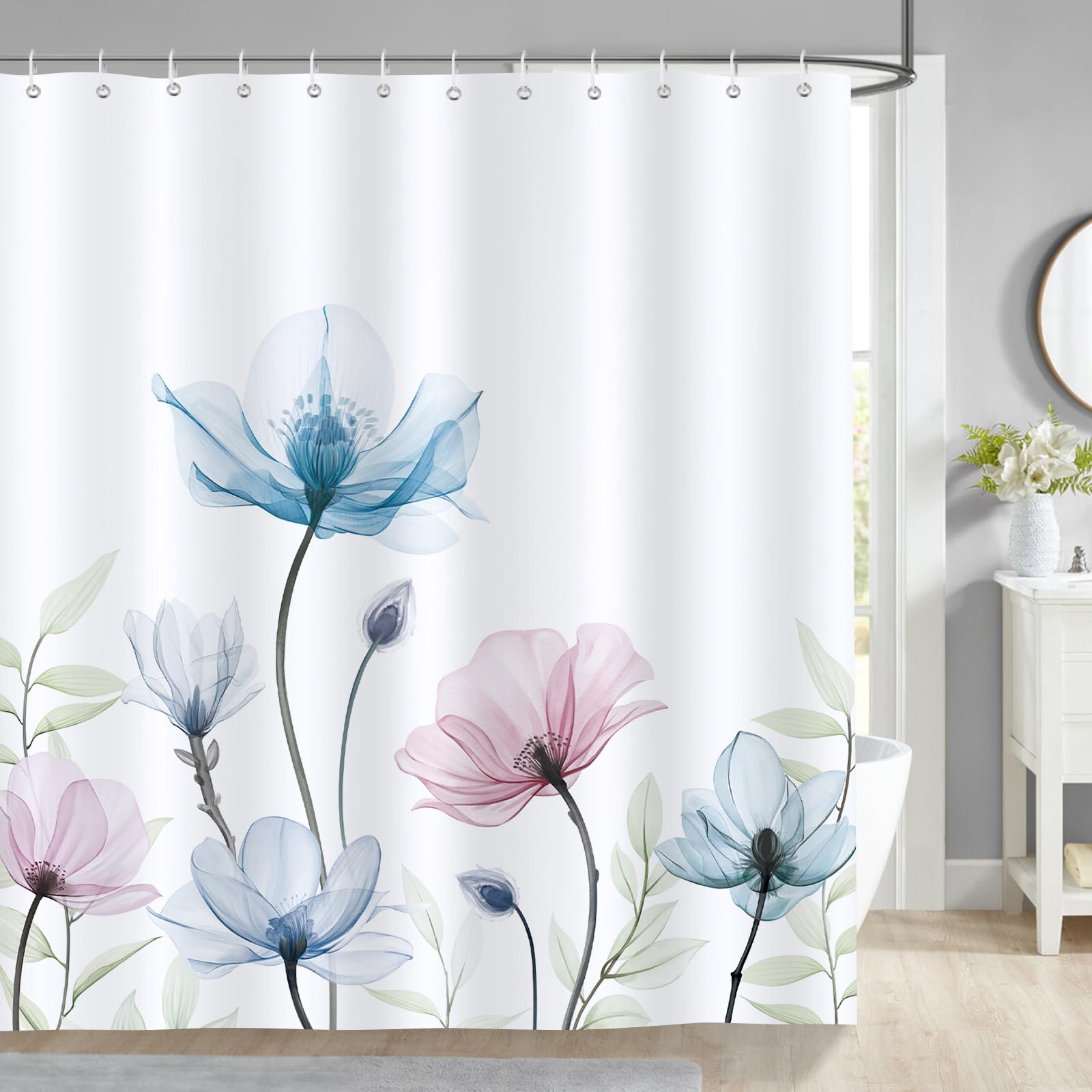 Bonhause Floral Shower Curtain | Pink Blue Watercolor Waterproof Polyester