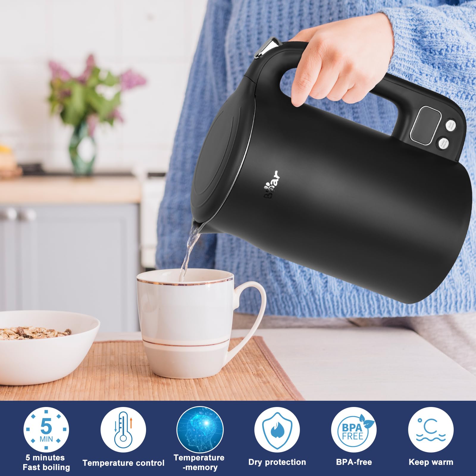 Bear Electric Kettle | 1.7L Stainless Steel with Temperature Control