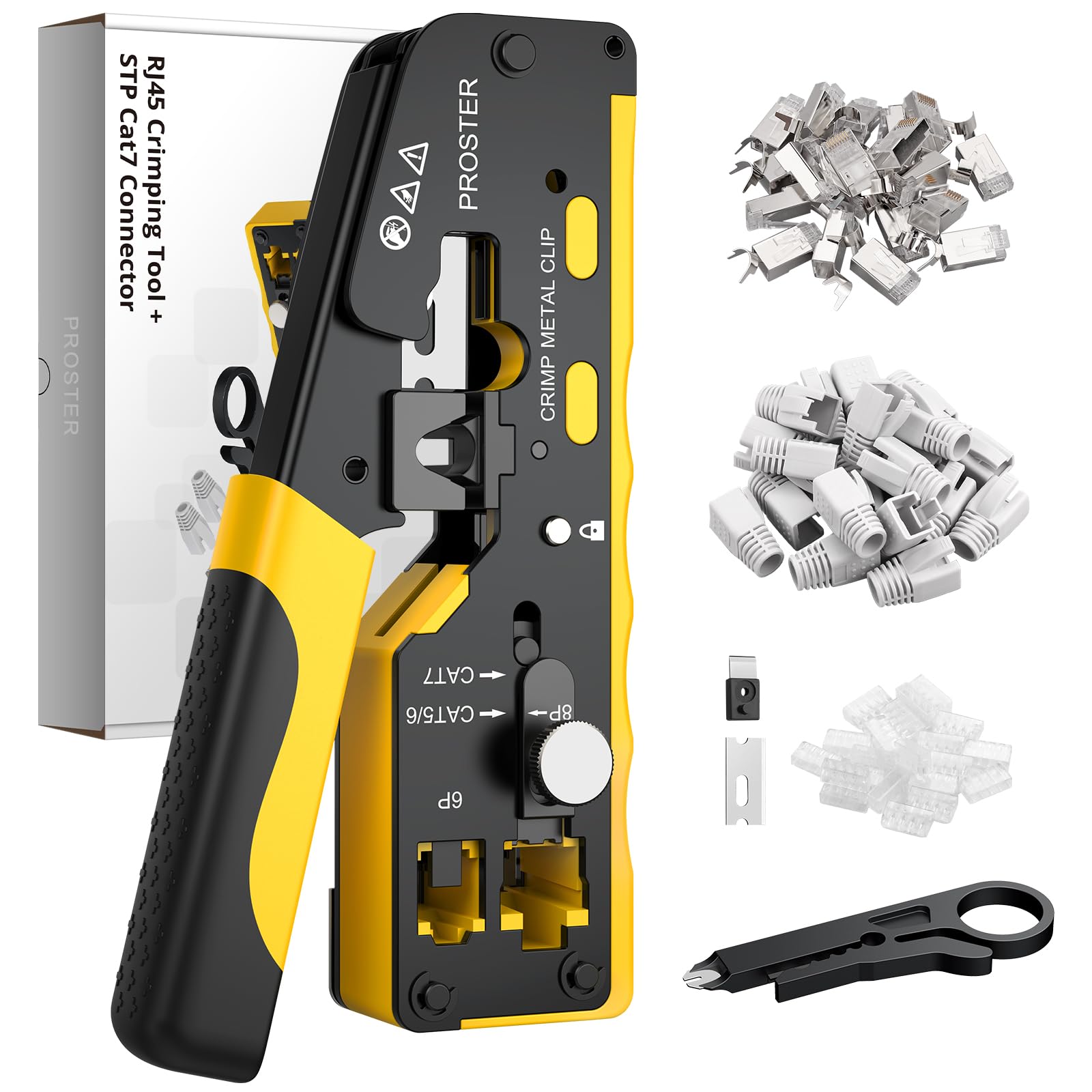 Proster RJ45 Pass Through Ethernet Crimp Tool Kit with 20 CAT7 Connectors
