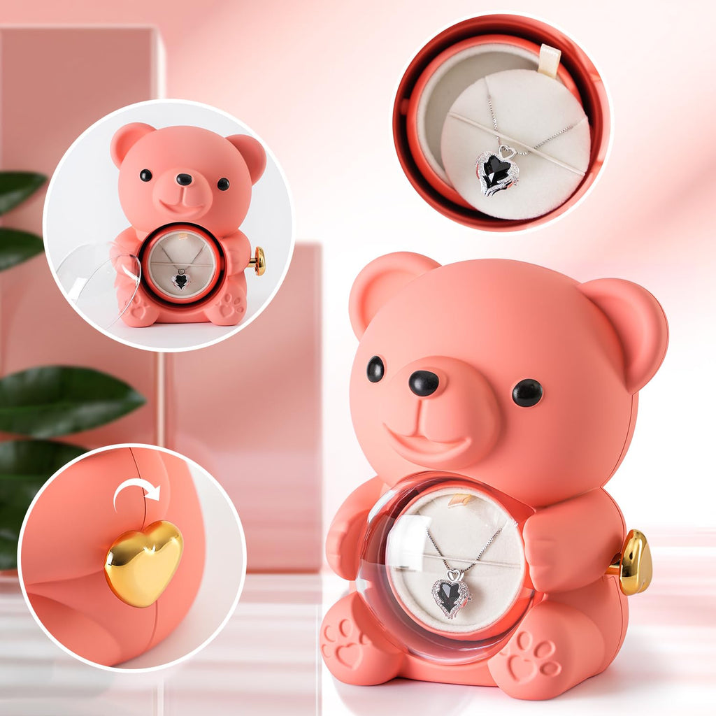 Ariceleo Pink Teddy Bear with Preserved Rose and Heart Necklace