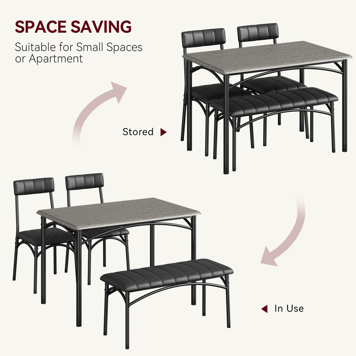 Lidzopas Dining Table Set Upholstered Chairs & Bench, Compact Space-Saving, Industrial Rustic Metal Frame, Sturdy Durable - image 5