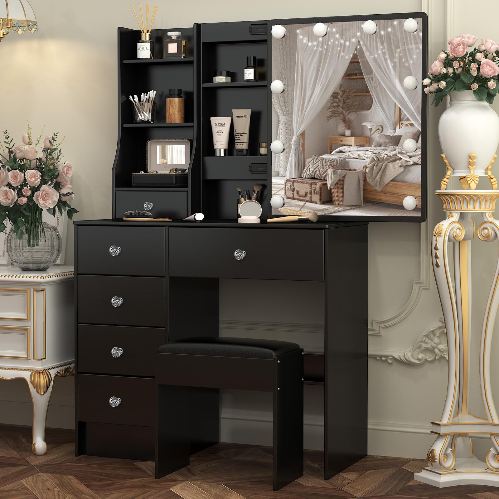 Saimeihome Black Makeup Vanity Desk with Sliding Mirror, Stool & 6 Drawers