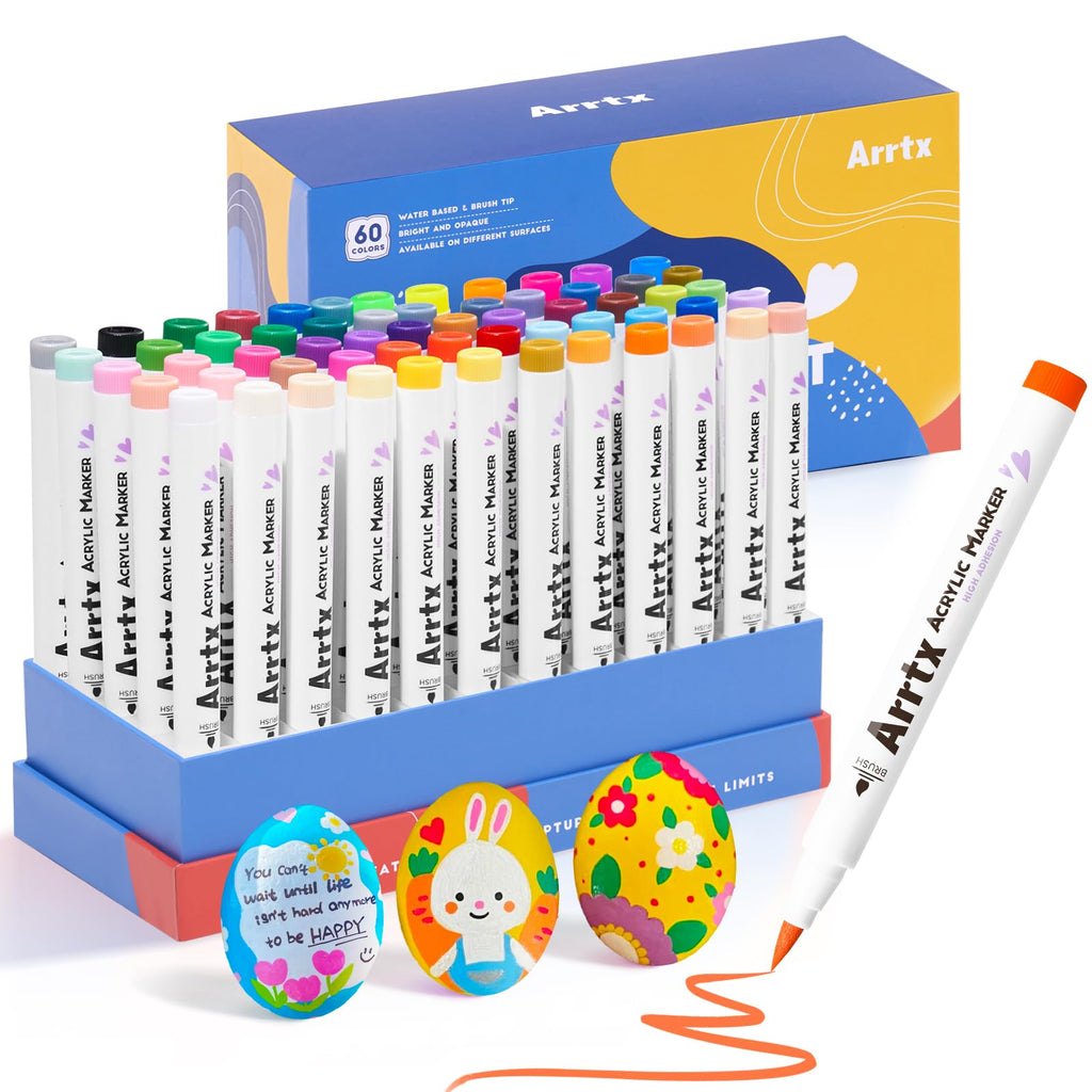 Arrtx 60 Colors Acrylic Paint Pens | Brush Tip Markers for Rock Painting