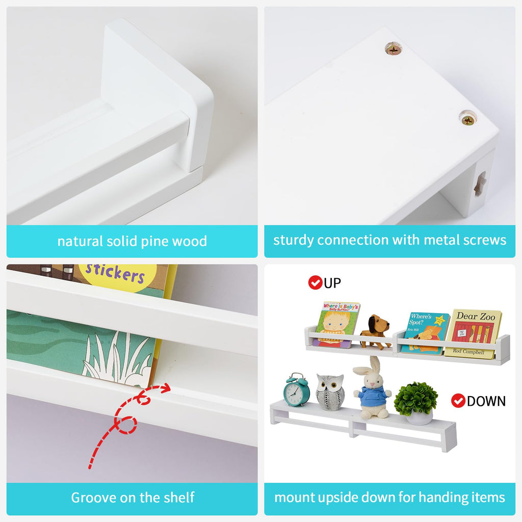 Gieanoo Nursery Book Shelves | Set of 2 White 80cm Solid Wood Floating Shelves