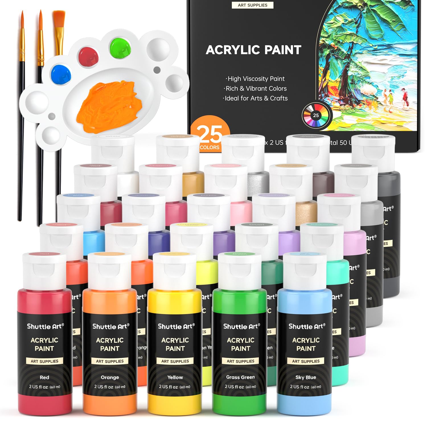 Shuttle Art Acrylic Paint Set - 25 Colors, 60ml Bottles with Brushes