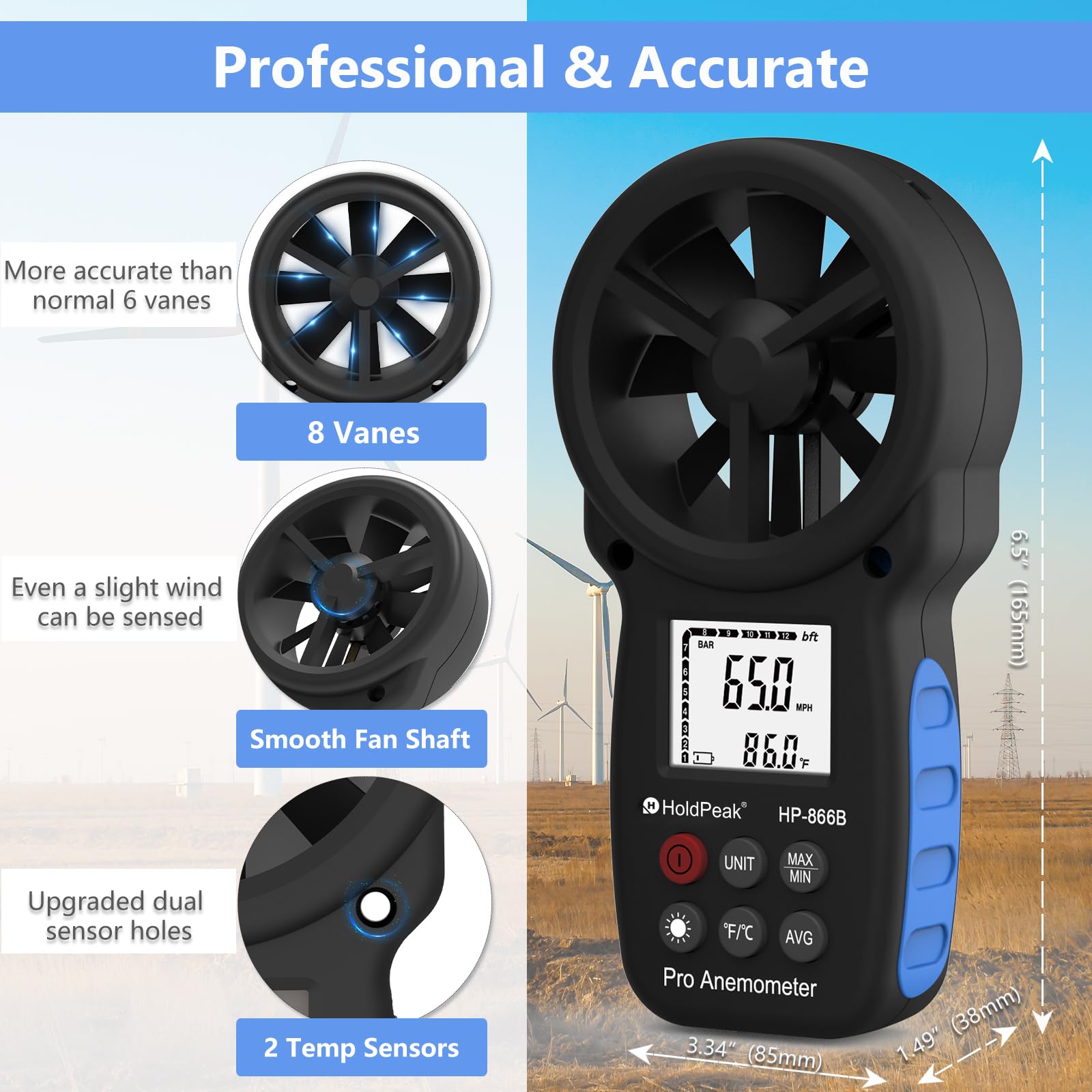 H HOLDPEAK Digital Anemometer & Infrared Thermometer - Wind Speed Meter