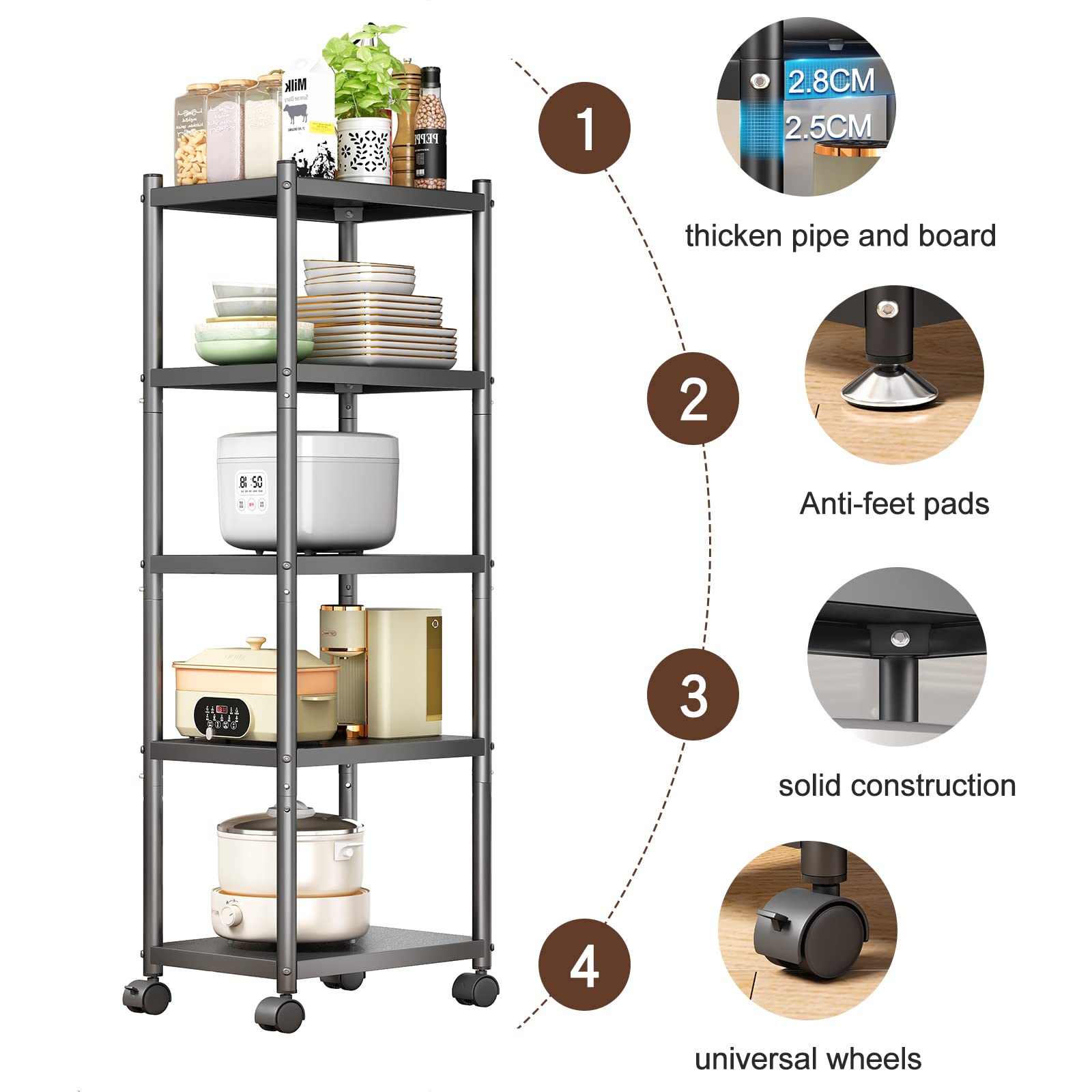 SAYZH 5-Tier Heavy Duty Metal Shelving Unit | Rolling Storage Rack