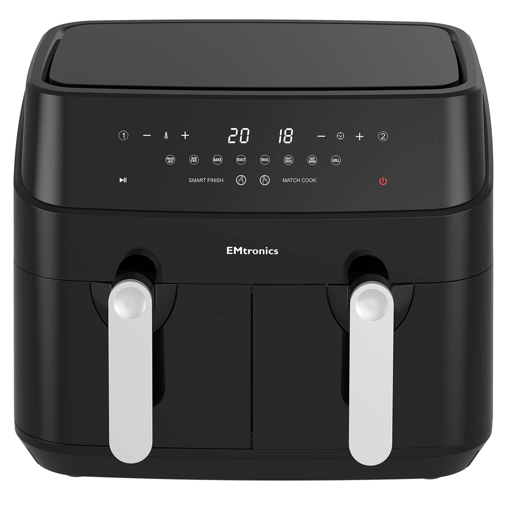 EMtronics Dual Air Fryer | 9L Extra Large Double Basket | 8 Pre-Sets