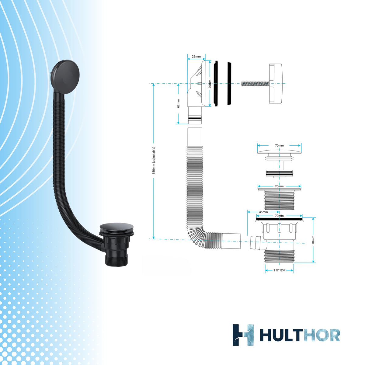 Hulthor Bath Waste & Overflow Kit – Universal 1.5" Click Clack Plug Set with Pop-Up Mechanism – Compatible with Standard UK Bathtubs Black - image 2