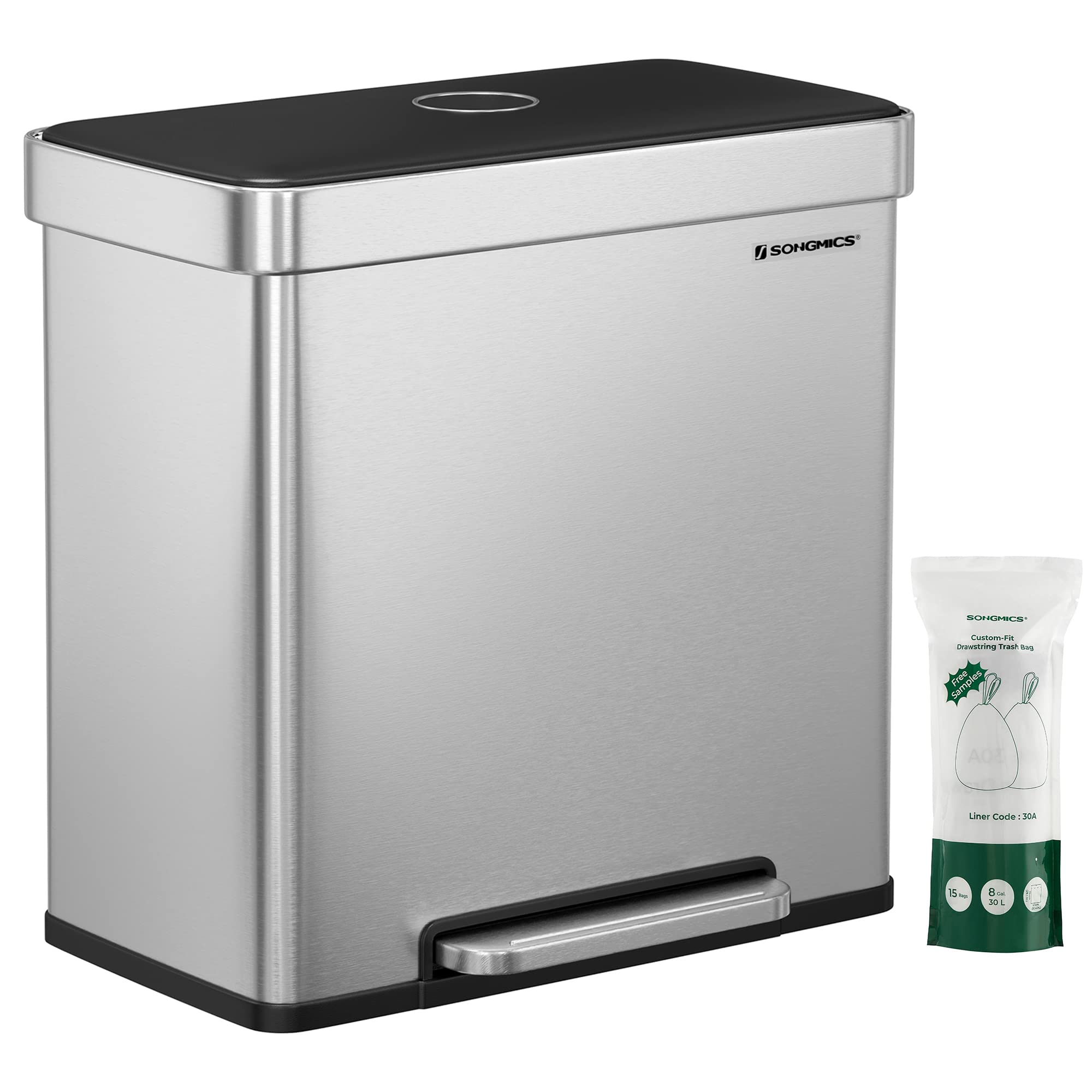 SONGMICS 60L Stainless Steel Kitchen Bin – Dual 30L Recycling Pedal Bin