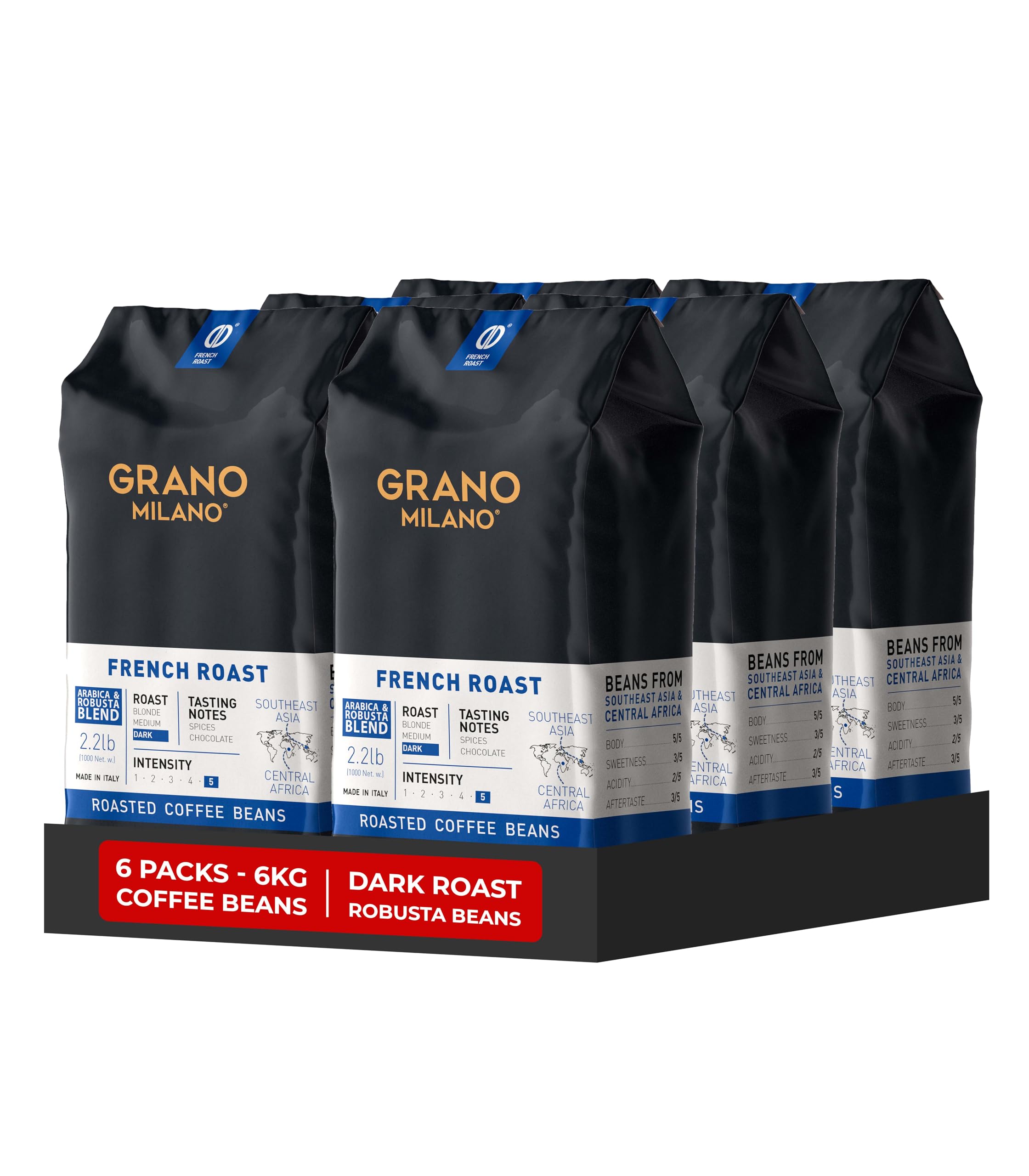 Grano Milano French Roast Coffee Beans - 6kg Dark Roast Robusta Blend