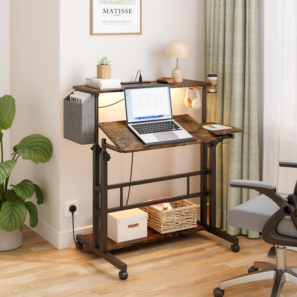 Dripex Mobile Standing Desk with LED Lights & Power Outlets | Rolling