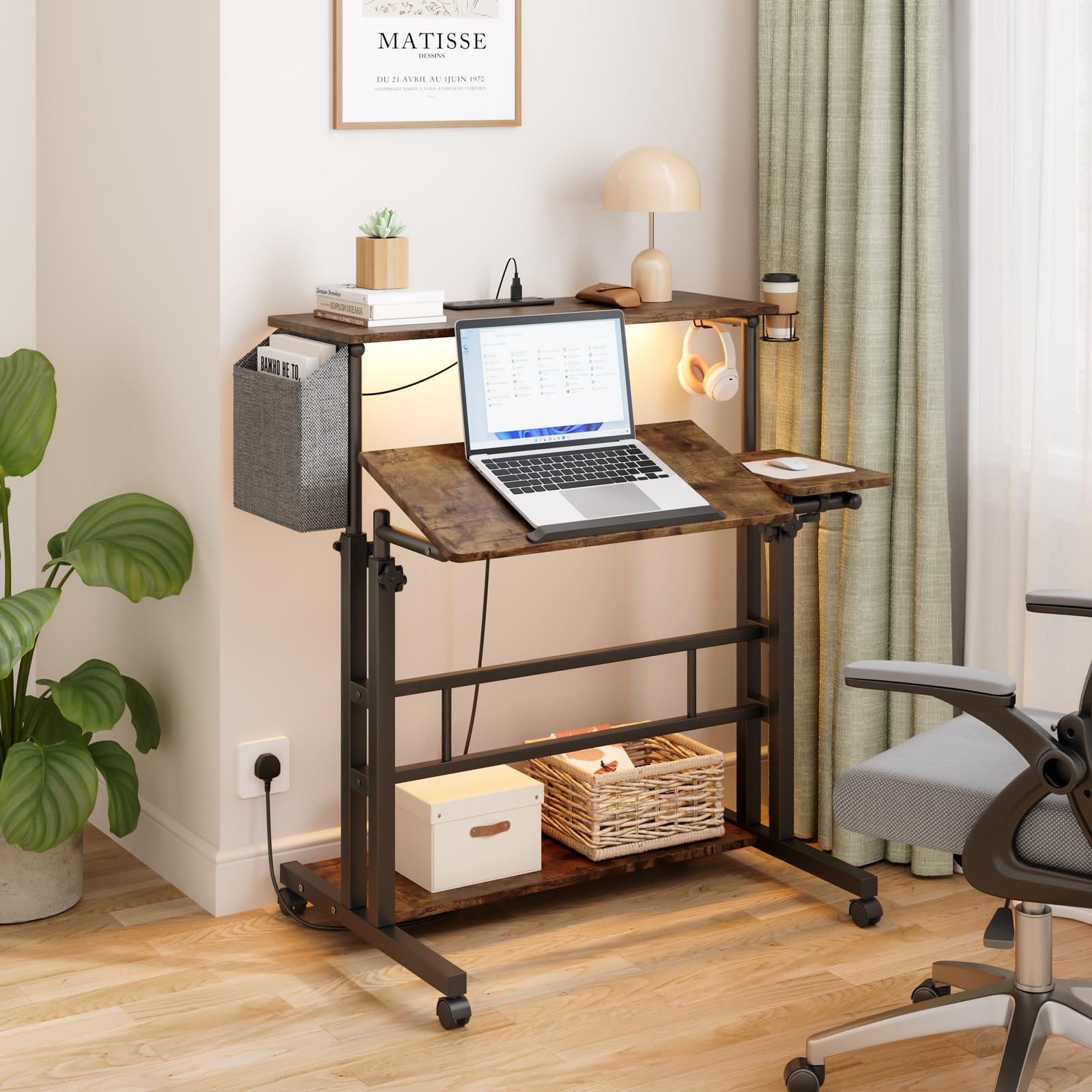 Dripex Mobile Standing Desk with LED Lights & Power Outlets | Rolling