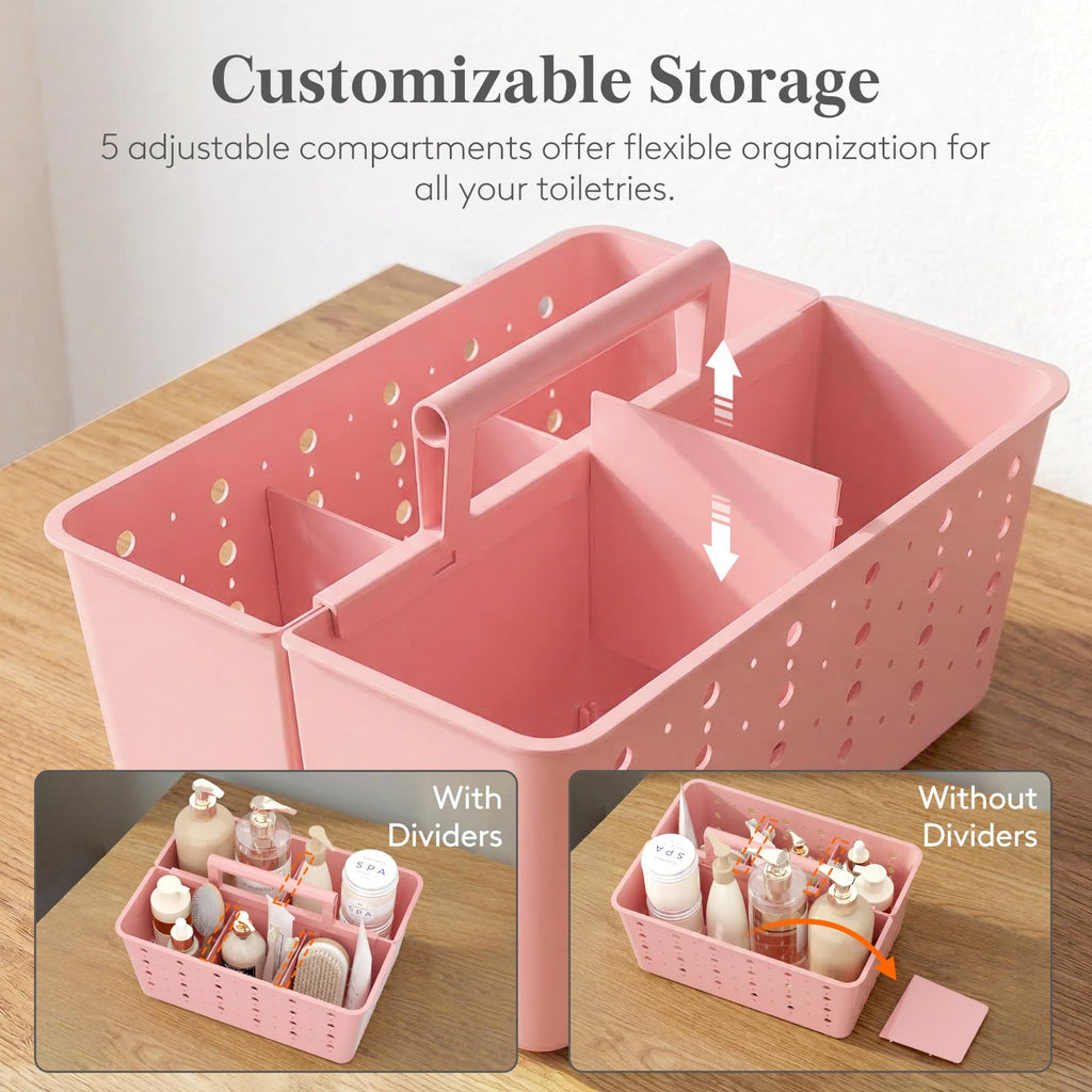 Lifewit Plastic Shower Caddy with Compartments and Handle, Pink