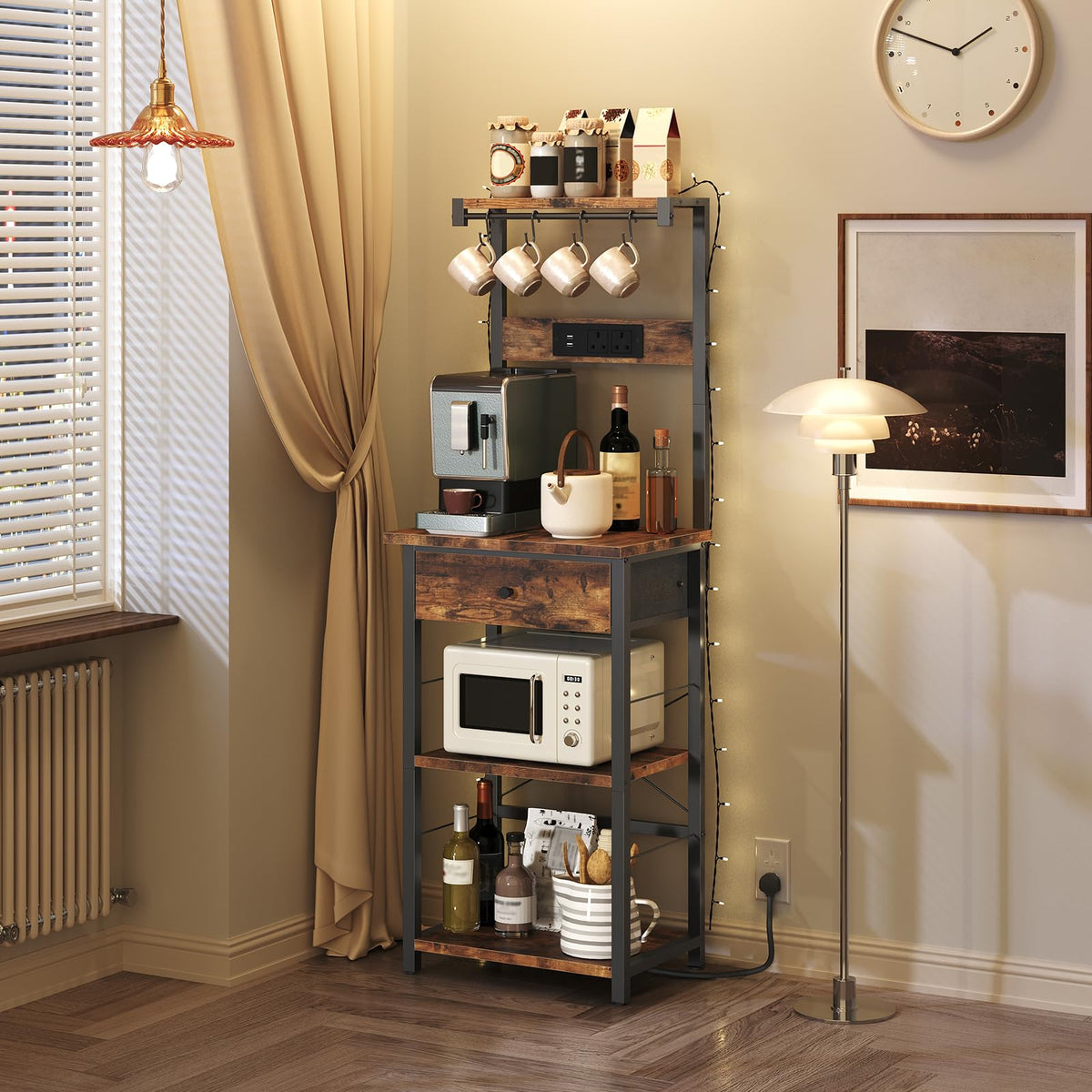 MAHANCRIS Bakers Rack, Microwave Stand, Coffee Bar Station, Kitchen Storage Shelf Rack with Drawer and Power Strip, 4 Hooks, for Kitchen, Living Room - image 2