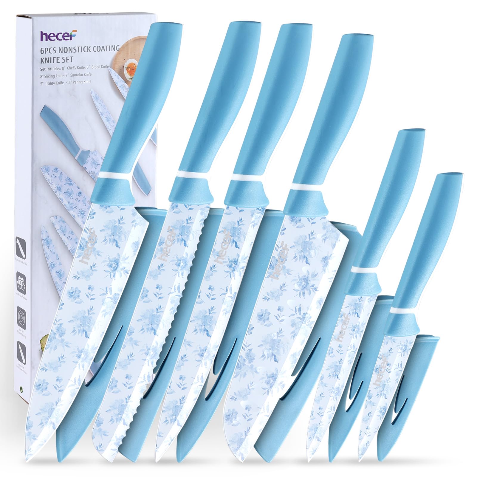 hecef 6-Piece Blue & White Porcelain Coated Stainless Steel Knife Set