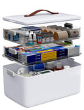 Medicine Storage Box, 3-Tier Medicine Organiser with Carry Handle, Large First Aid Storage Container with Clear Trays, White Medicine Storage Case